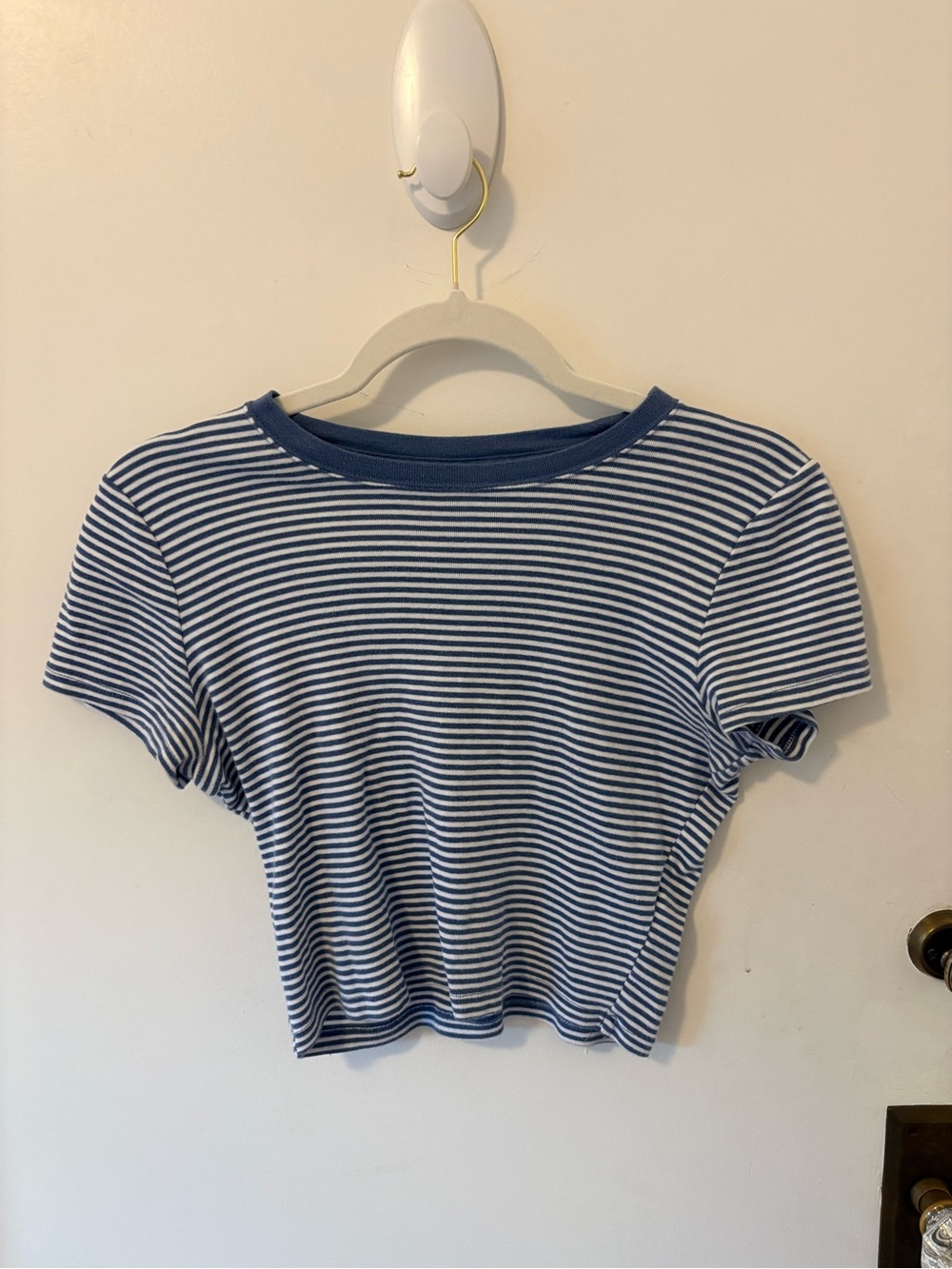 Hollister Blue and White Striped Cropped Crewneck Tee